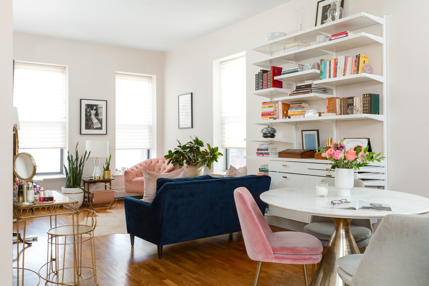 green bookcase in living room